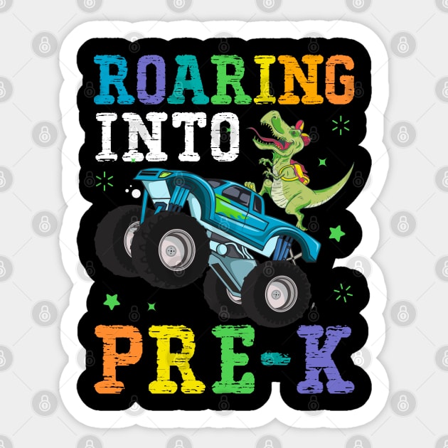 Cool Dinosaur on Truck Roaring into Pre-K Sticker by ArtedPool